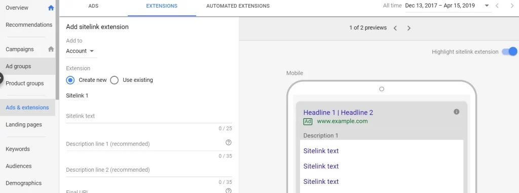 Sitelink Google Ads